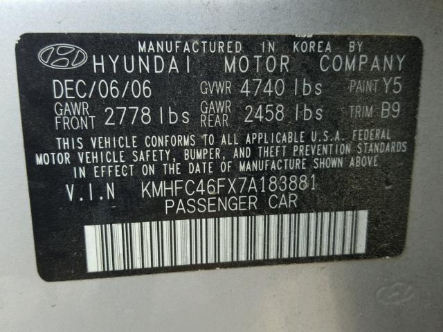 KMHFC46FX7A183881 - 2007 HYUNDAI AZERA SE SILVER photo 10