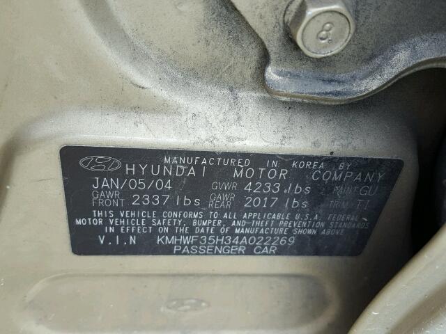 KMHWF35H34A022269 - 2004 HYUNDAI SONATA GLS GOLD photo 10