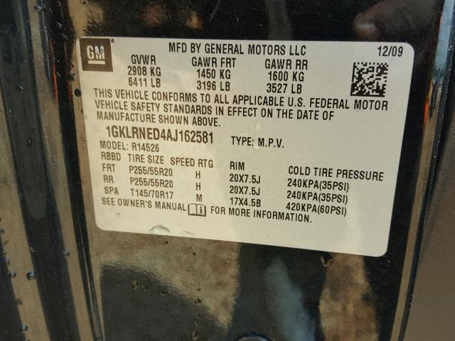 1GKLRNED4AJ162581 - 2010 GMC ACADIA SLT შავი ფოტო 10