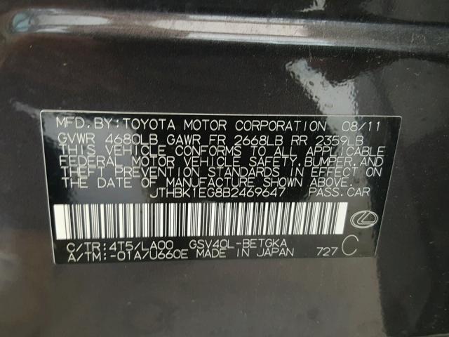 JTHBK1EG8B2469647 - 2011 LEXUS ES 350 BLACK photo 10