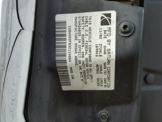 1G8AG52F03Z114654 - 2003 SATURN ION LEVEL WHITE photo 10