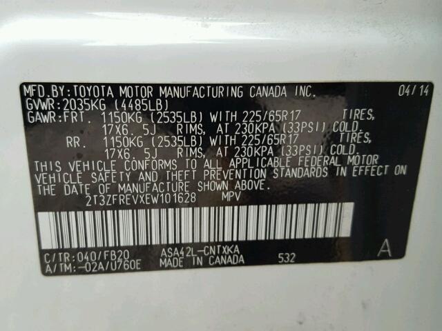 2T3ZFREVXEW101628 - 2014 TOYOTA RAV4 LE WHITE photo 10