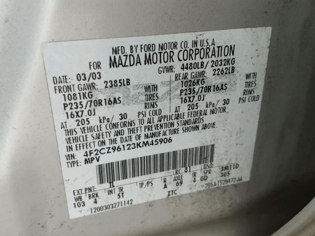 4F2CZ96123KM45906 - 2003 MAZDA TRIBUTE ES 银色 照片 10