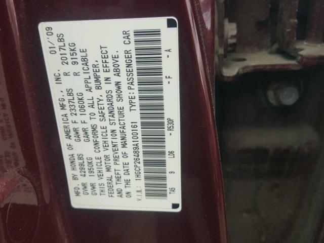 1HGCP26489A100161 - 2009 HONDA ACCORD LXP BURGUNDY photo 10