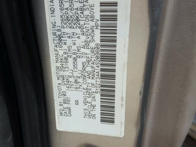 5TDZT34A14S209608 - 2004 TOYOTA SEQUOIA SR SILVER photo 10