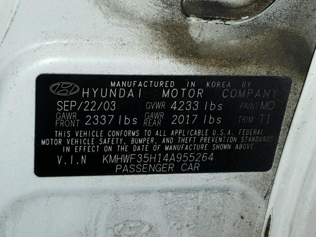 KMHWF35H14A955264 - 2004 HYUNDAI SONATA GLS WHITE photo 10