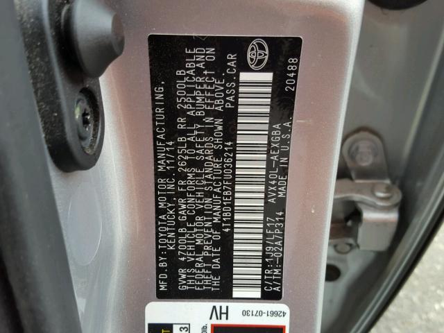 4T1BD1EB7FU036214 - 2015 TOYOTA AVALON HYB SILVER photo 10