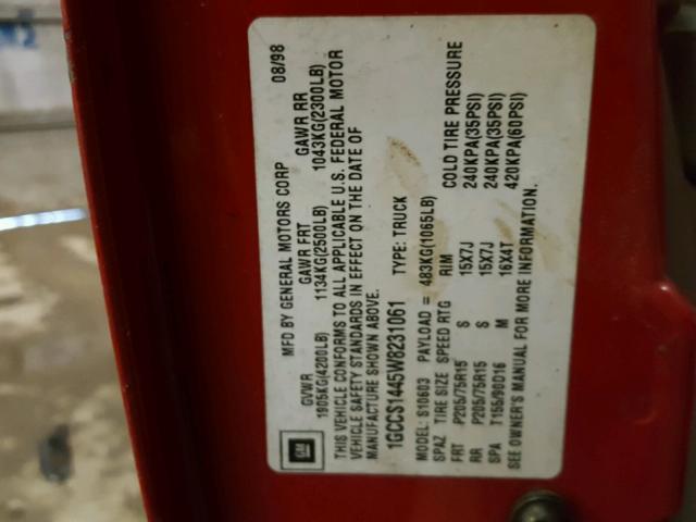 1GCCS1445W8231061 - 1998 CHEVROLET S TRUCK S1 RED photo 10