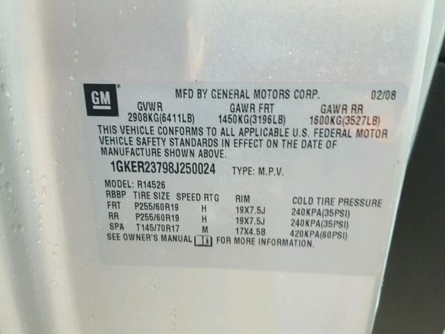 1GKER23798J250024 - 2008 GMC ACADIA SLT Gümüş foto 10
