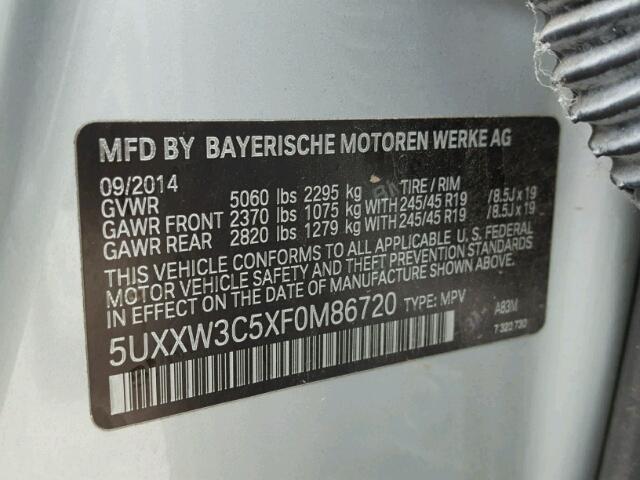 5UXXW3C5XF0M86720 - 2015 BMW X4 XDRIVE2 Արծաթագույն լուսանկար 10