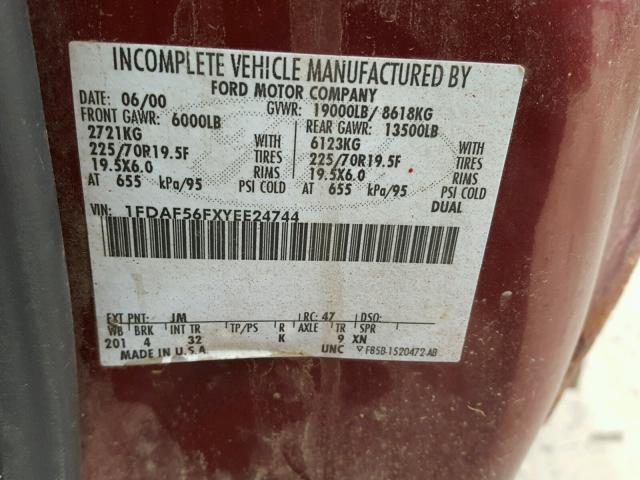 1FDAF56FXYEE24744 - 2000 FORD F550 SUPER MAROON photo 10