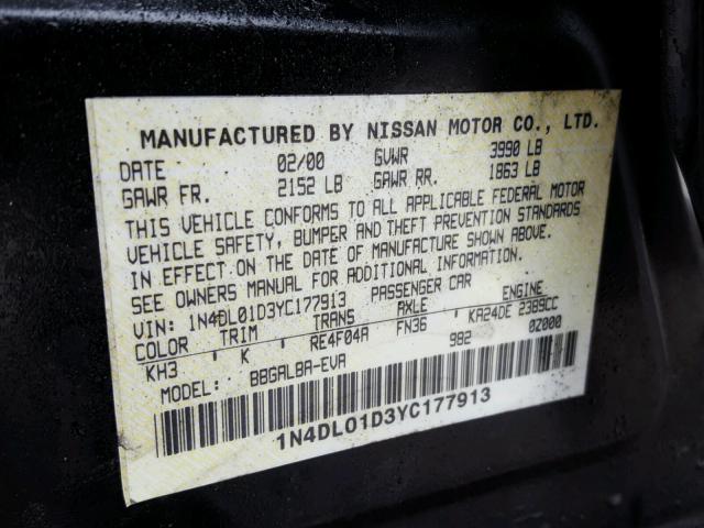 1N4DL01D3YC177913 - 2000 NISSAN ALTIMA XE BLACK photo 10