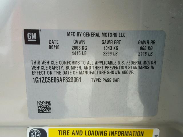 1G1ZC5E06AF323061 - 2010 CHEVROLET MALIBU 1LT 棕色 照片 10