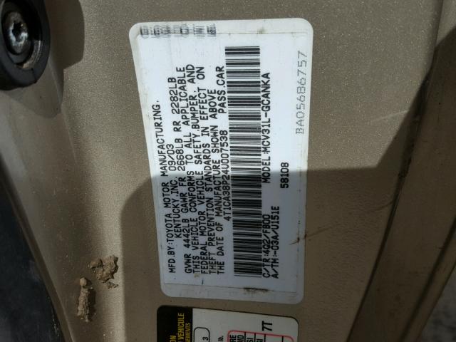 4T1CA38P24U007538 - 2004 TOYOTA CAMRY SOLA GOLD photo 10