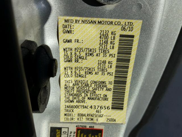 1N6BD0CT9AC437656 - 2010 NISSAN FRONTIER K SILVER photo 10