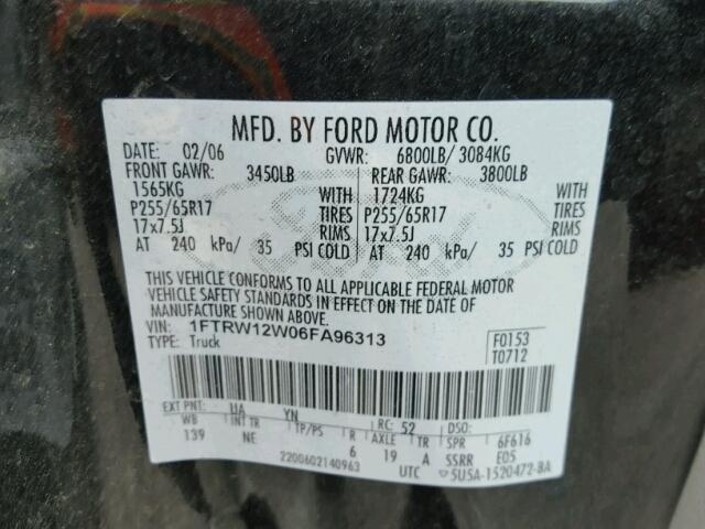 1FTRW12W06FA96313 - 2006 FORD F150 SUPER BLACK photo 10