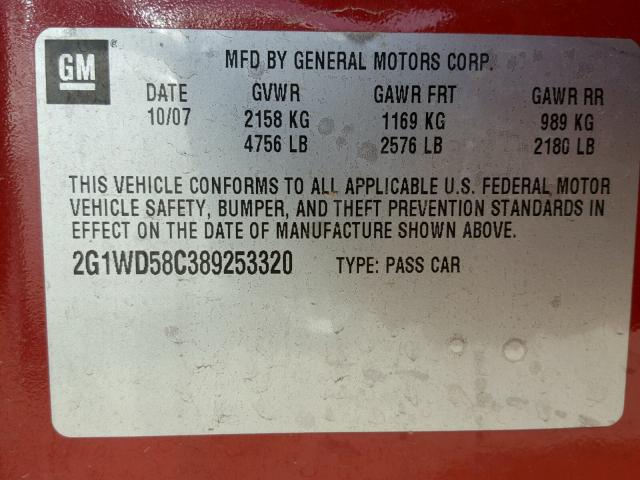 2G1WD58C389253320 - 2008 CHEVROLET IMPALA SUP RED photo 10