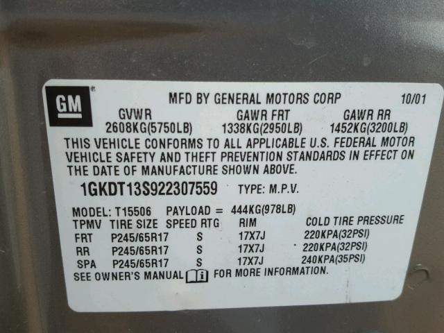 1GKDT13S922307559 - 2002 GMC ENVOY SILVER photo 10