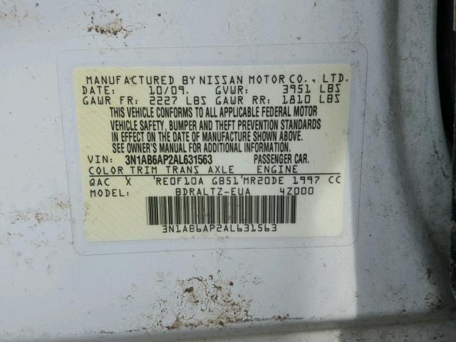 3N1AB6AP2AL631563 - 2010 NISSAN SENTRA 2.0 WHITE photo 10