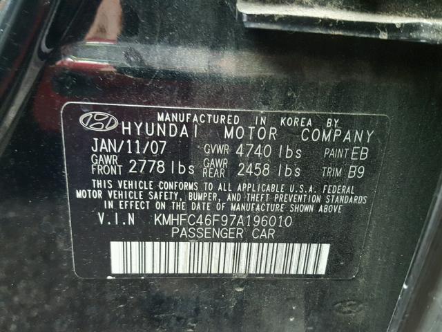 KMHFC46F97A196010 - 2007 HYUNDAI AZERA SE BLACK photo 10