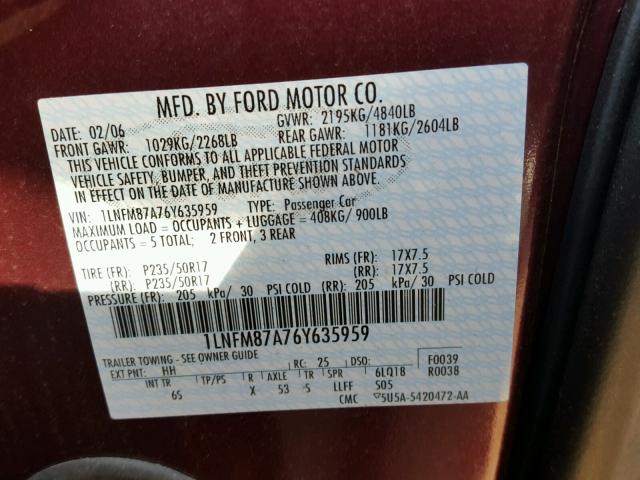 1LNFM87A76Y635959 - 2006 LINCOLN LS MAROON photo 10