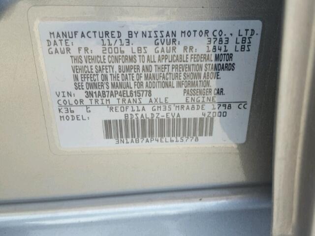 3N1AB7AP4EL615778 - 2014 NISSAN SENTRA S/S GRAY photo 10