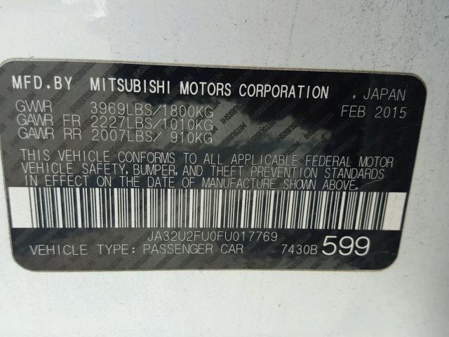 JA32U2FU0FU017769 - 2015 MITSUBISHI LANCER ES WHITE photo 10