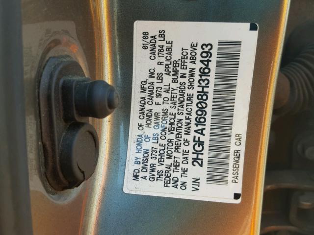 2HGFA16908H316493 - 2008 HONDA CIVIC EXL 灰色 照片 10