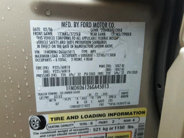 1FMDK06126GA45013 - 2006 FORD FREESTYLE GOLD photo 10