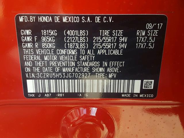 3CZRU5H53JG702927 - 2018 HONDA HR-V EX RED photo 10