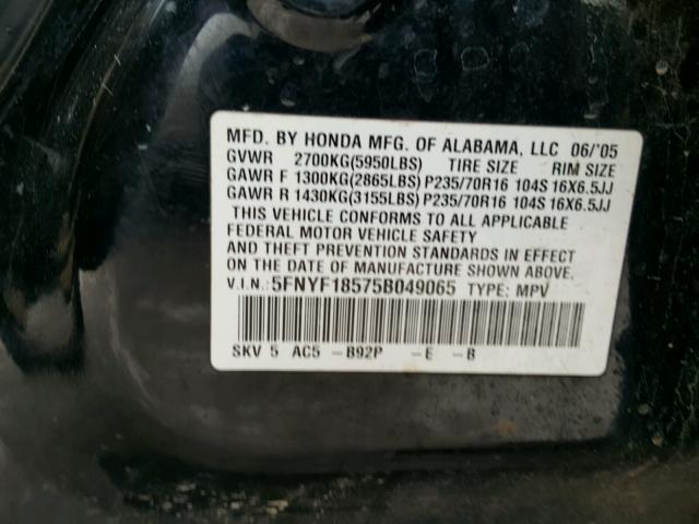 5FNYF18575B049065 - 2005 HONDA PILOT EXL BLACK photo 10