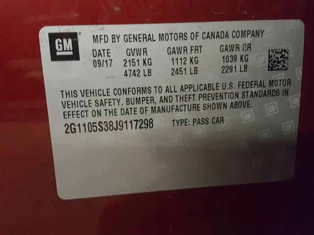 2G1105S38J9117298 - 2018 CHEVROLET IMPALA LT RED photo 10