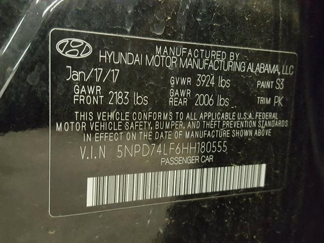 5NPD74LF6HH180555 - 2017 HYUNDAI ELANTRA SE BLACK photo 10