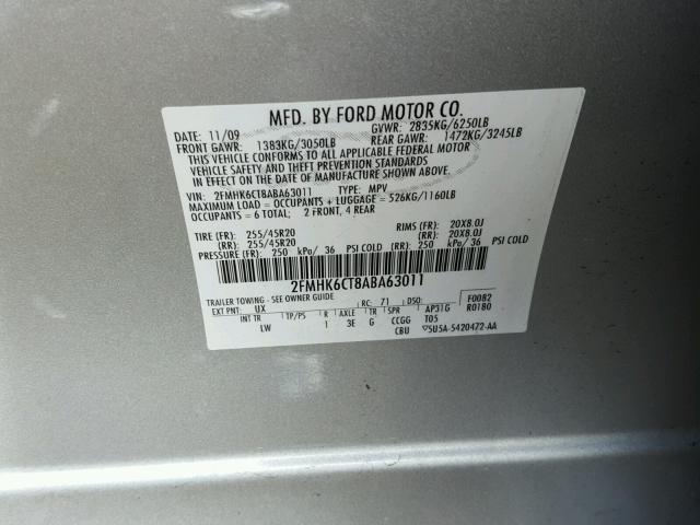 2FMHK6CT8ABA63011 - 2010 FORD FLEX SEL SILVER photo 10