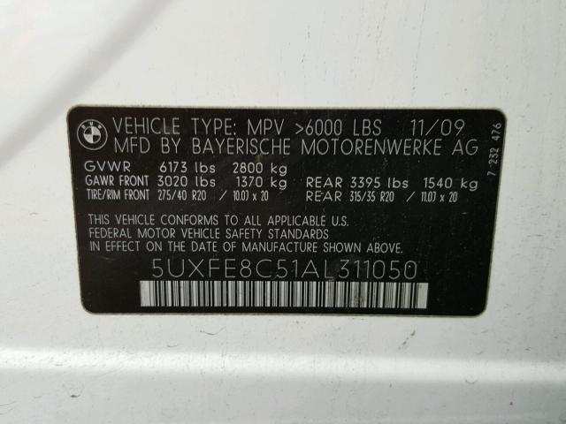 5UXFE8C51AL311050 - 2010 BMW X5 XDRIVE4 白色 照片 10