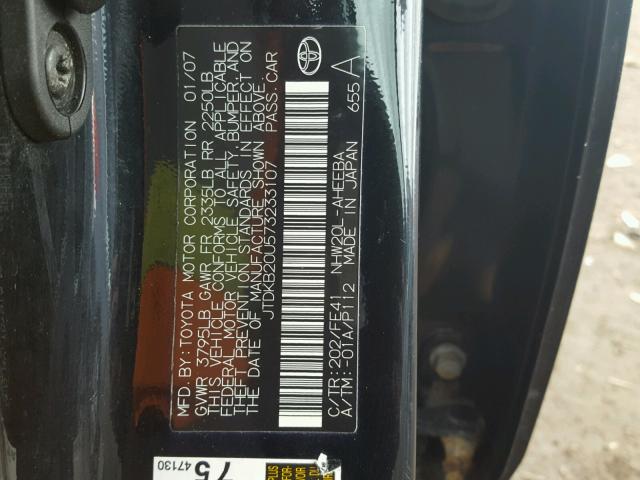 JTDKB20U573233107 - 2007 TOYOTA PRIUS BLACK photo 10