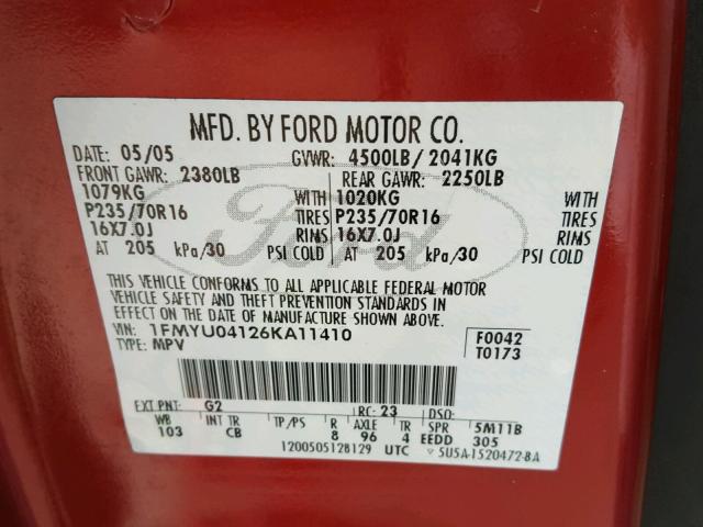 1FMYU04126KA11410 - 2006 FORD ESCAPE LIM RED photo 10