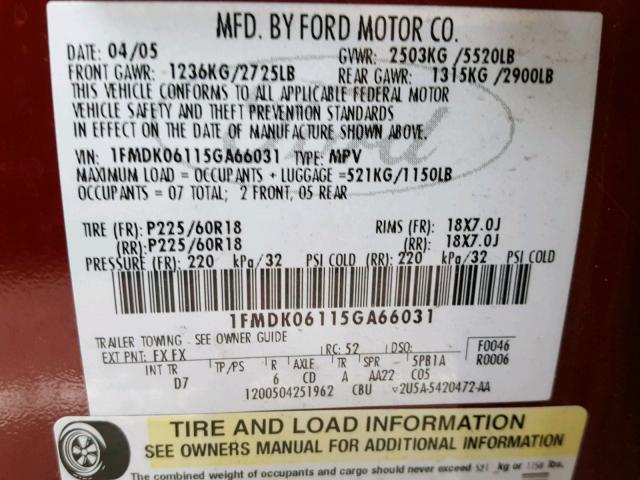 1FMDK06115GA66031 - 2005 FORD FREESTYLE RED photo 10