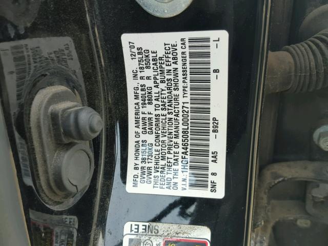 1HGFA46508L000271 - 2008 HONDA CIVIC GX BLACK photo 10