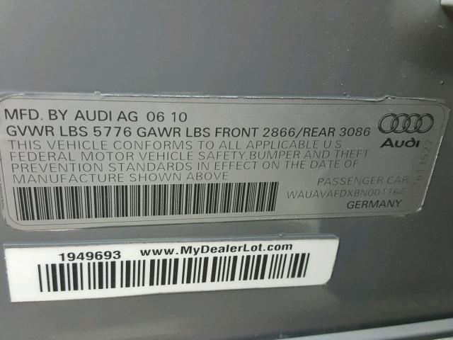 WAUAVAFDXBN001164 - 2011 AUDI A8 QUATTRO GRAY photo 10