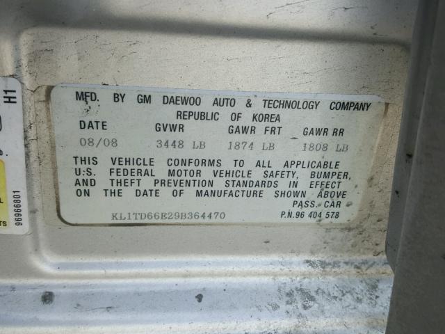 KL1TD66E29B364470 - 2009 CHEVROLET AVEO LS 银色 照片 10