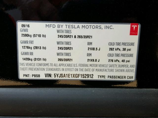 5YJSA1E1XGF152912 - 2016 TESLA MODEL S BLACK photo 10