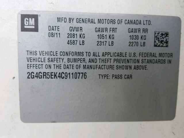 2G4GR5EK4C9110776 - 2012 BUICK REGAL CREAM photo 10