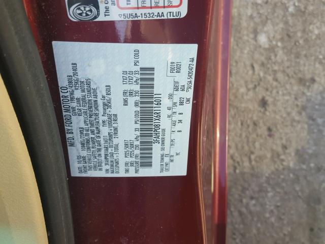 3FAHP081X6R116011 - 2006 FORD FUSION SEL RED photo 10