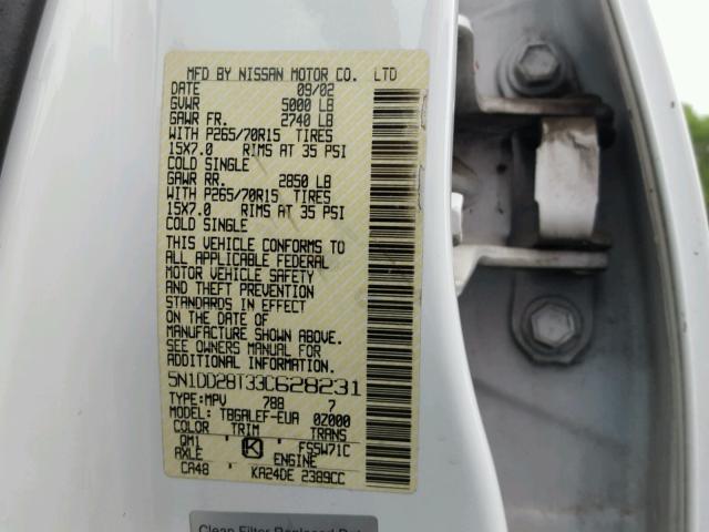 5N1DD28T33C628231 - 2003 NISSAN XTERRA XE WHITE photo 10