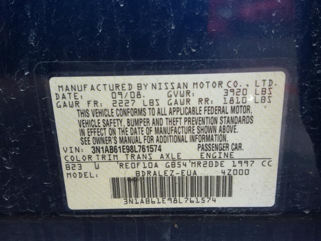 3N1AB61E98L761574 - 2008 NISSAN SENTRA 2.0 BLUE photo 10