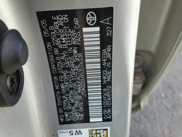 JTDKB20U953076338 - 2005 TOYOTA PRIUS SILVER photo 10