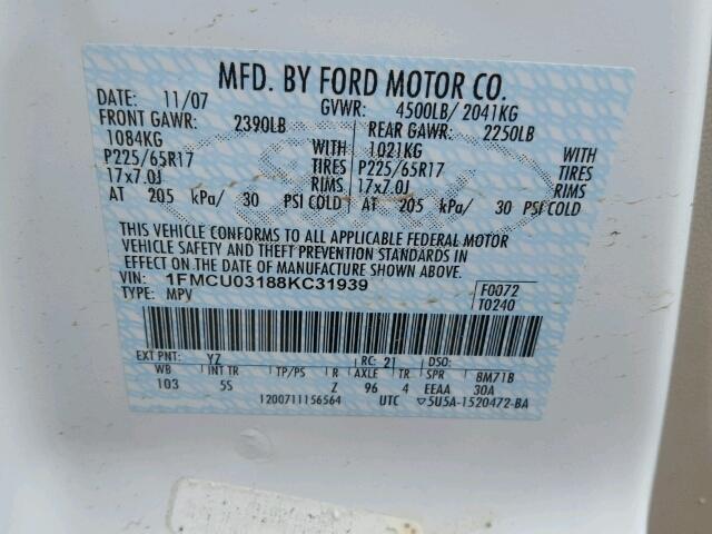 1FMCU03188KC31939 - 2008 FORD ESCAPE XLT WHITE photo 10