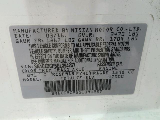 3N1CE2CP5GL394257 - 2016 NISSAN VERSA NOTE WHITE photo 10