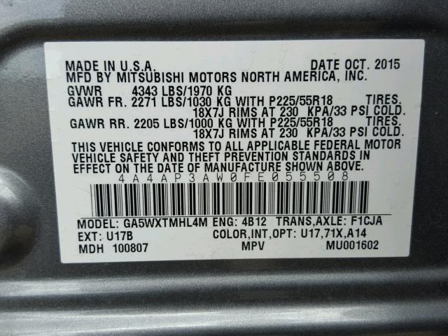 4A4AP3AW0FE055508 - 2015 MITSUBISHI OUTLANDER GRAY photo 10